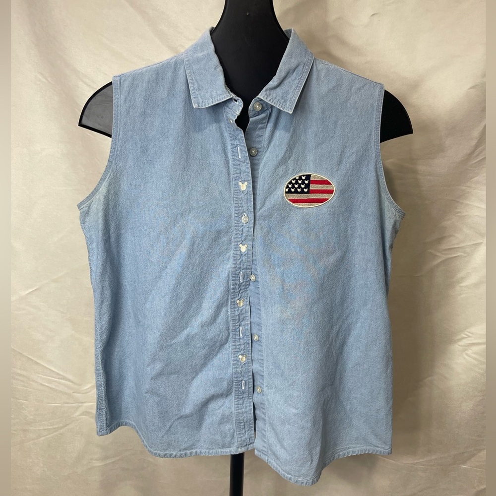 Women’s XL Disney Sleeveless Button Up Collared Blouse USA Mickey Mouse